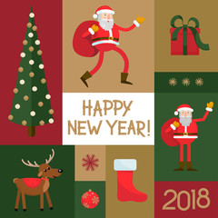 Set of New Year items. New Year greeting card. Vector illustration.