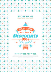 Naklejka premium Christmas sale poster or flyer design. Discount offer. Vintage badge with winter background