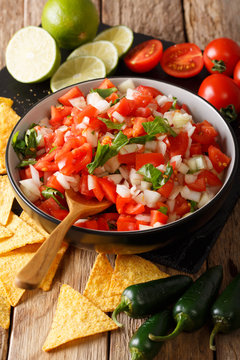 Mexican pico de gallo close-up in a bowl and nachos. vertical