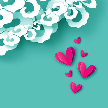 A rain of heart. Love with cut paper heart. Romantic Invitation card. Origami Cloud. Happy Valentine's day. 14 February.