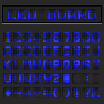 Blue LED digital english uppercase font, number and mathematics symbol display on black background