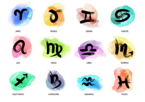 Set of hand drawn watercolor brush zodiac signs. Vector illustration created with custom brushes, not auto-tracing.