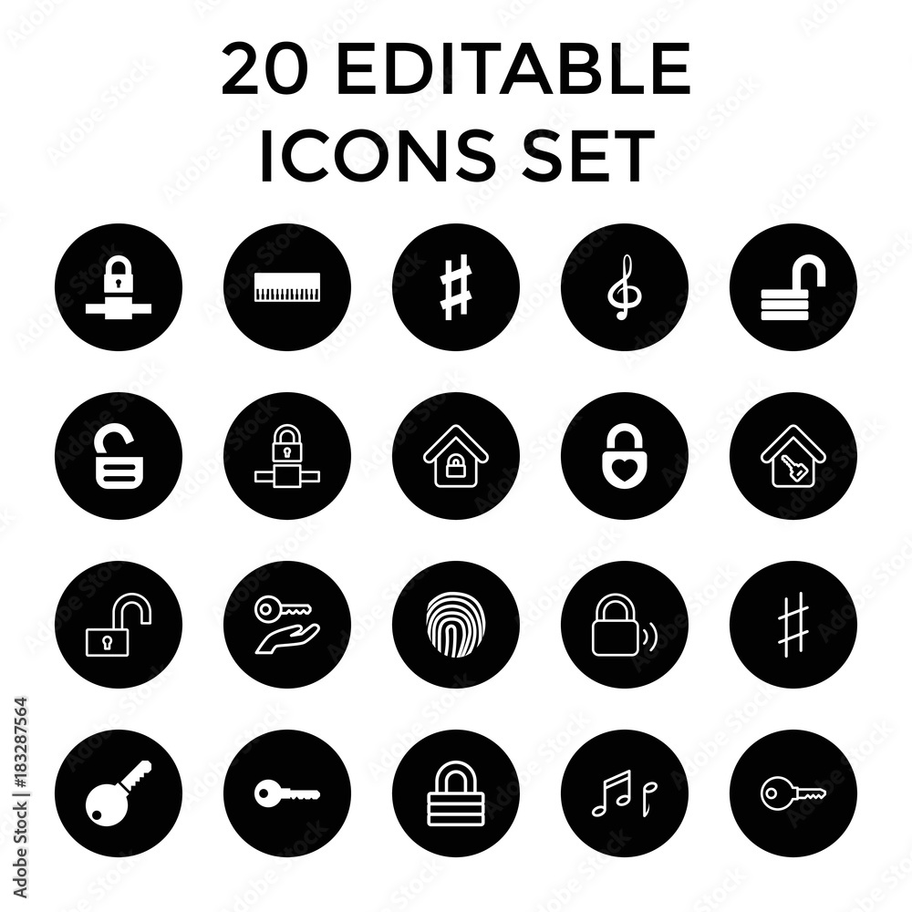 Poster key icons. set of 20 editable filled and outline key icons