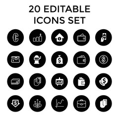 Money icons. set of 20 editable filled and outline money icons