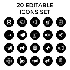 Loudspeaker icons. set of 20 editable filled and outline loudspeaker icons