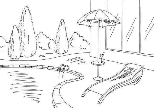 Swimming pool graphic black white landscape sketch illustration vector 