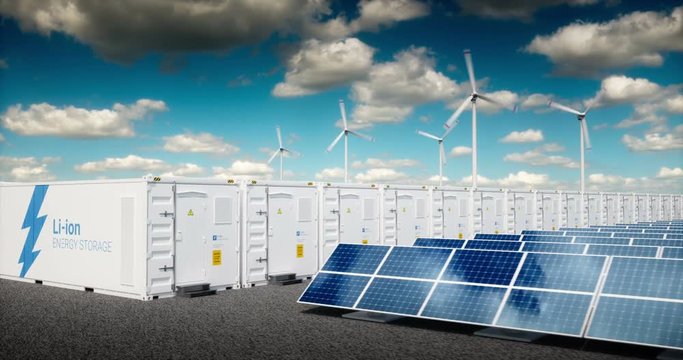 Concept of energy storage system. Renewable energy - photovoltaics, wind turbines and Li-ion battery container in fresh nature with distant blurred city in background. 3d rendering.