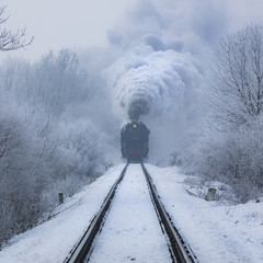 steam locomotive in action at winter