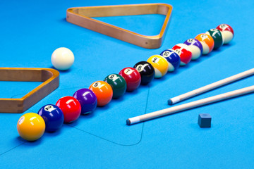 Billiard pool game balls lined up on billiard table