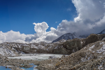 Snow mountain peaks on Ama Dablam. Panoramic view of Himalaya mountain. Way to Everest base camp,...