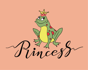 Hand drawn Princess typography lettering poster with frog in crown illustration.