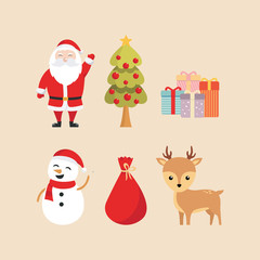 Santa claus, christmas tree, gifts, snowman, sack, and reindeer illustration vector