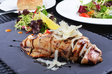 Fried squid stuffed with wild mushrooms