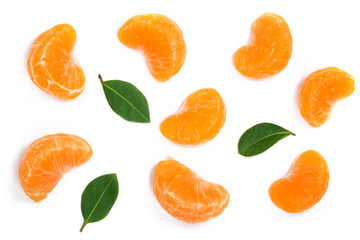 slices of mandarin or tangerine with leaves isolated on white background. Flat lay, top view. Fruit composition