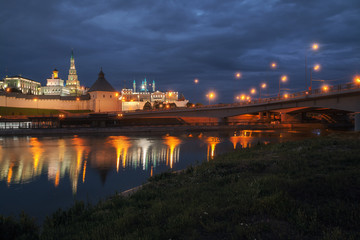 view of Kazan Kremlin from the banks of the river in the evening