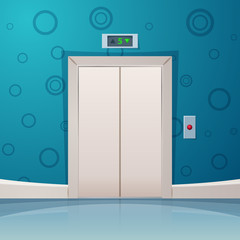 Cartoon elevator with red button.