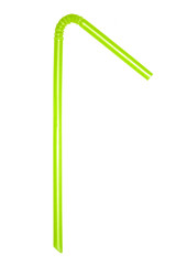 A single Green flexible drinking straw bent at an angle on a white background.