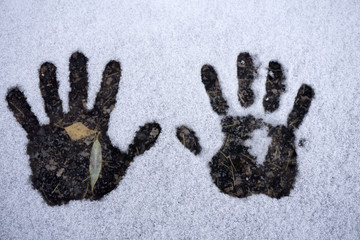 Left and right human prints in the snow.