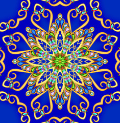  blue background with gold pattern and precious stones