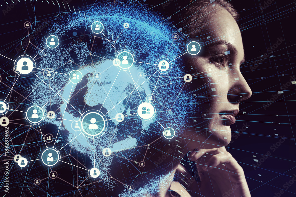 Poster Global communication network and AI (Artificial Intelligence) concept.
