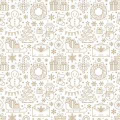 Christmas, new year seamless pattern, line illustration. Vector icons of winter holidays pine tree, gifts, letter to santa, presents, snowman. Celebration party white black repeated background.
