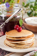 pancakes with cherry flowers still life summer
