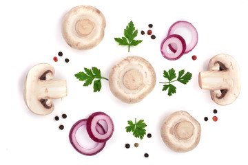 mushrooms with parsley leaf onion and peppercorns isolated on white background. top view