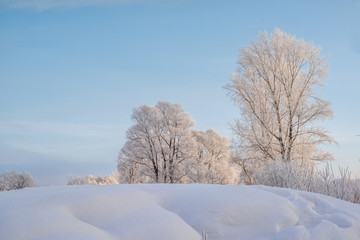 Snowy frozen landscape of sunrise on lakeside with trees
