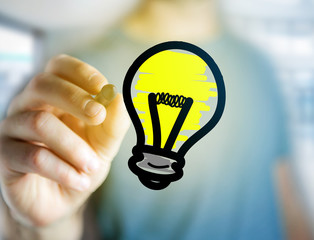 Innovation bulb lamp turned on displayed on a futuristic interface  - technology and inspiration...