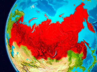 Space view of Russia in red