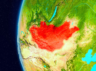 Space view of Mongolia in red
