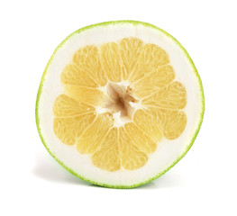 slice of Citrus Sweetie or Pomelit, oroblanco and leaf isolated on white background close-up