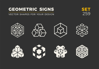 Set of eight minimalistic trendy shapes. Stylish vector logo emblems for Your design. Simple geometric signs collection.