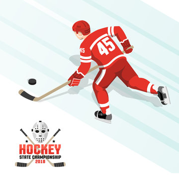 Ice hockey player with puck in  red uniform  -  isometric view from the back.