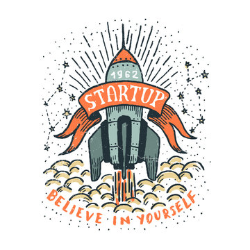 Startup doodle hand-drawn illustration with a flying rocket, ribbon and inscriptions. Grunge textures on  separate layer and can be easily disabled.