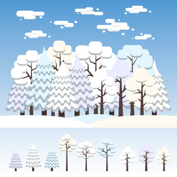 Winter mixed forest covered with snow. Separate deciduous and coniferous trees of various configurations. Flat illustration.