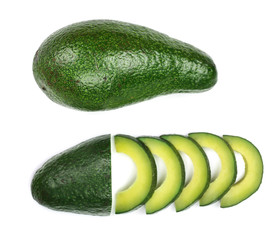 avocado with slices isolated on white background. Top view. Flat lay pattern
