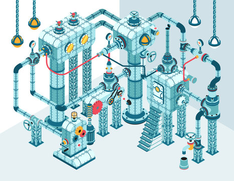 Complex 3D isometric industrial abstract intricate machine of pipes, motors, levers, gauges, pumps and so on.  It can be disassembled into individual parts.