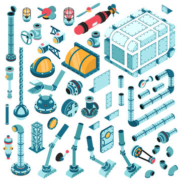 Isometric spare parts for the assembly of industrial machines and aggregates. Pipes, valves, pumps, flanges, fittings, splitters, lids, fittings, devices and so on.