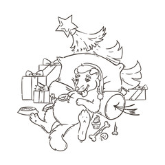 Yellow dog for New Year 2018, cute symbol of horoscope. Cute puppy in cartoon doodle style.