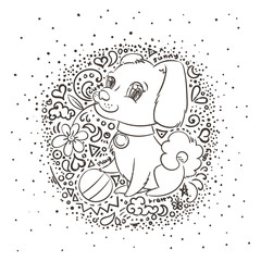 Happy golden cartoon puppy. Cute little dog wearing collar.