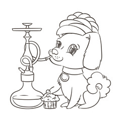 Happy golden cartoon puppy smoking hookah in turban. Cute little dog wearing collar.