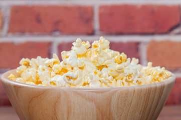 popcorn in wooden bowl