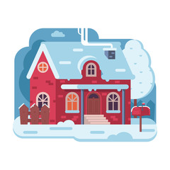 Snowy scene with red farm winter home with smoking chimney on rural background. Cozy cottage or traditional farmhouse on countryside area by wintertime. Cartoon snow capped house landscape banner.