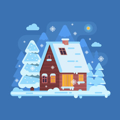 Snowy scene with rural winter home with smoking chimney on mountain background. Forest cottage or log cabin on wilderness by wintertime. Cartoon snow capped house landscape banner.