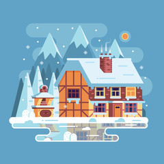 Snowy scene with rural winter home with smoking chimney on mountain background. Forest cottage or timbered cabin on frozen lake by wintertime. Cartoon snow capped house landscape banner.