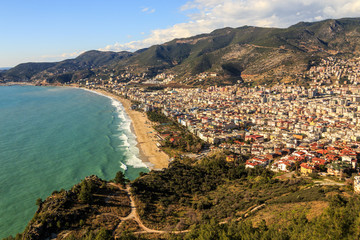 Seascape with bird eye view of Mediterranean coastal town
