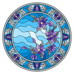Illustration in stained glass style, round mirror image with floral ornaments and swirls