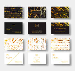 Elegant black and white luxury business cards Set with marble texture and gold detail vector template, banner or invitation with golden foil details. Branding and identity graphic design