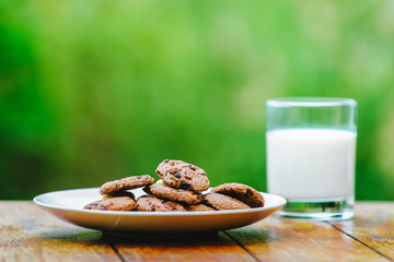 A glass of milk on green background. A plate of cookies.
